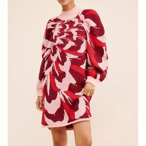 FARM Rio Flower Sweater Mini Dress Pink Artistic Knit Retro Print S M LG